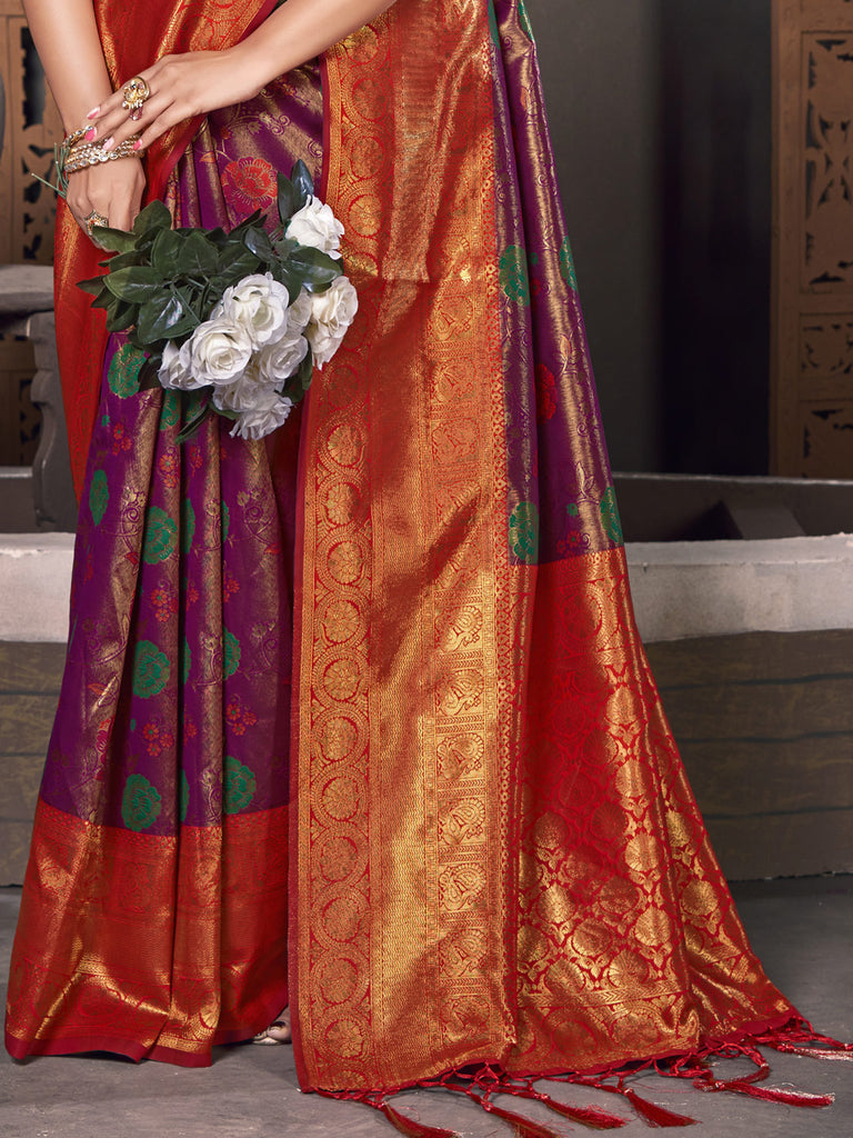 Women's Purple KanJivaram Silk Woven Work Traditional Tassle Saree