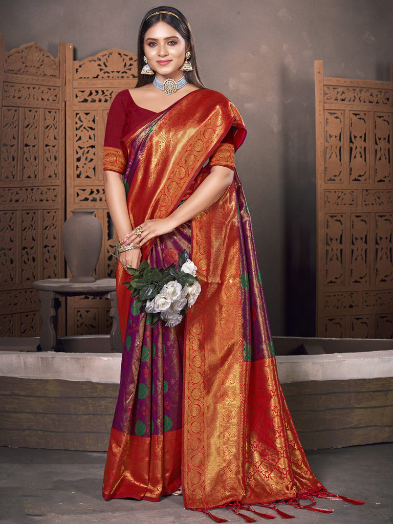 Women's Purple KanJivaram Silk Woven Work Traditional Tassle Saree