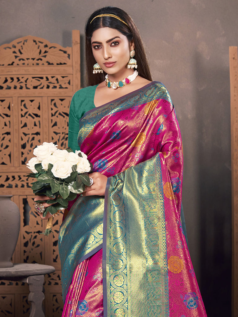 Women's Pink KanJivaram Silk Woven Work Traditional Tassle Saree