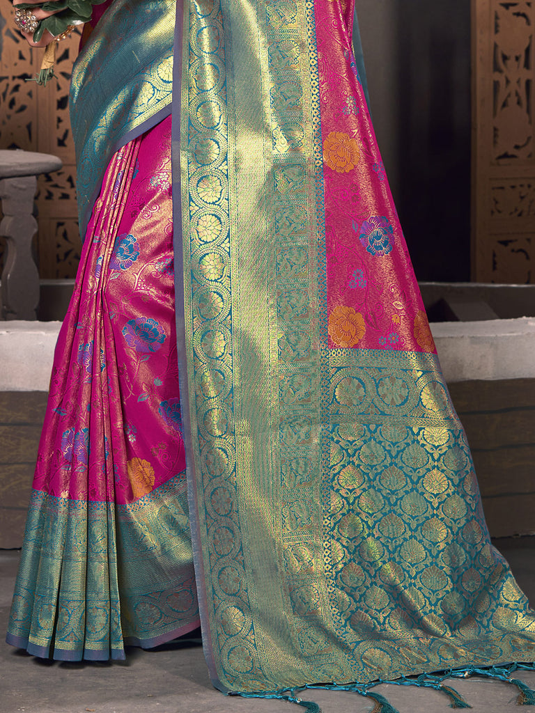 Women's Pink KanJivaram Silk Woven Work Traditional Tassle Saree