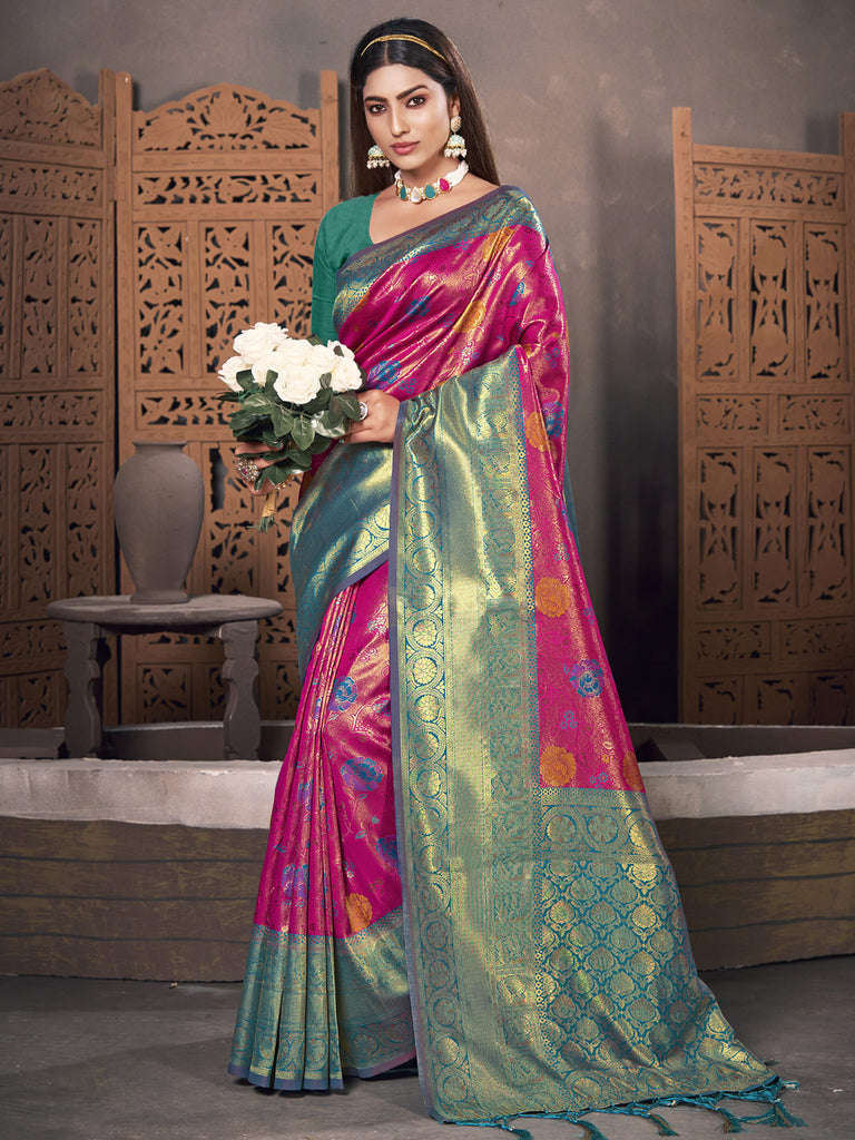 Women's Pink KanJivaram Silk Woven Work Traditional Tassle Saree