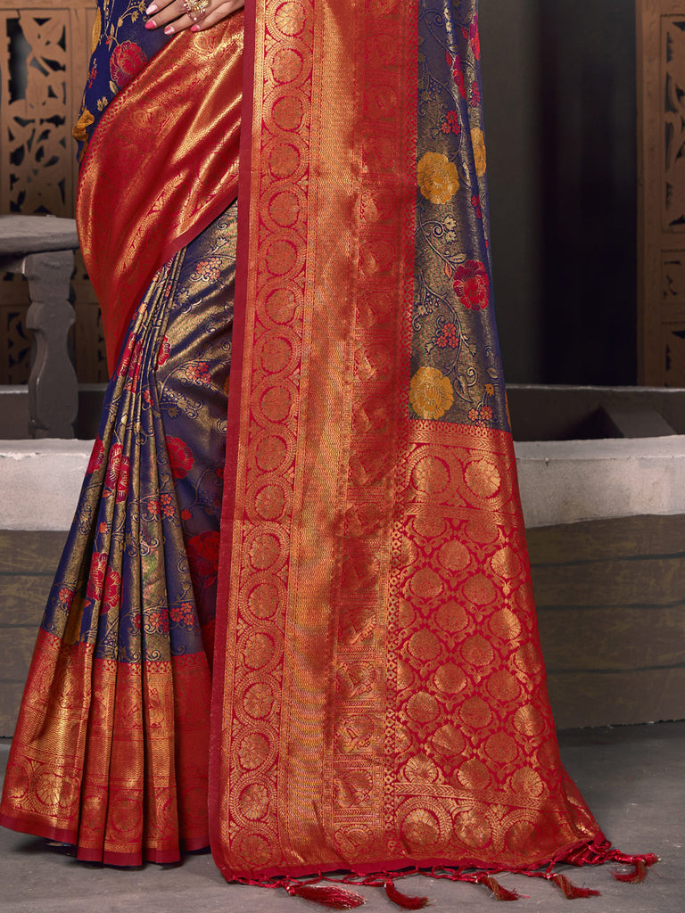 Women's Violet KanJivaram Silk Woven Work Traditional Tassle Saree