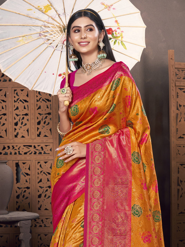 Women's Yellow KanJivaram Silk Woven Work Traditional Tassle Saree