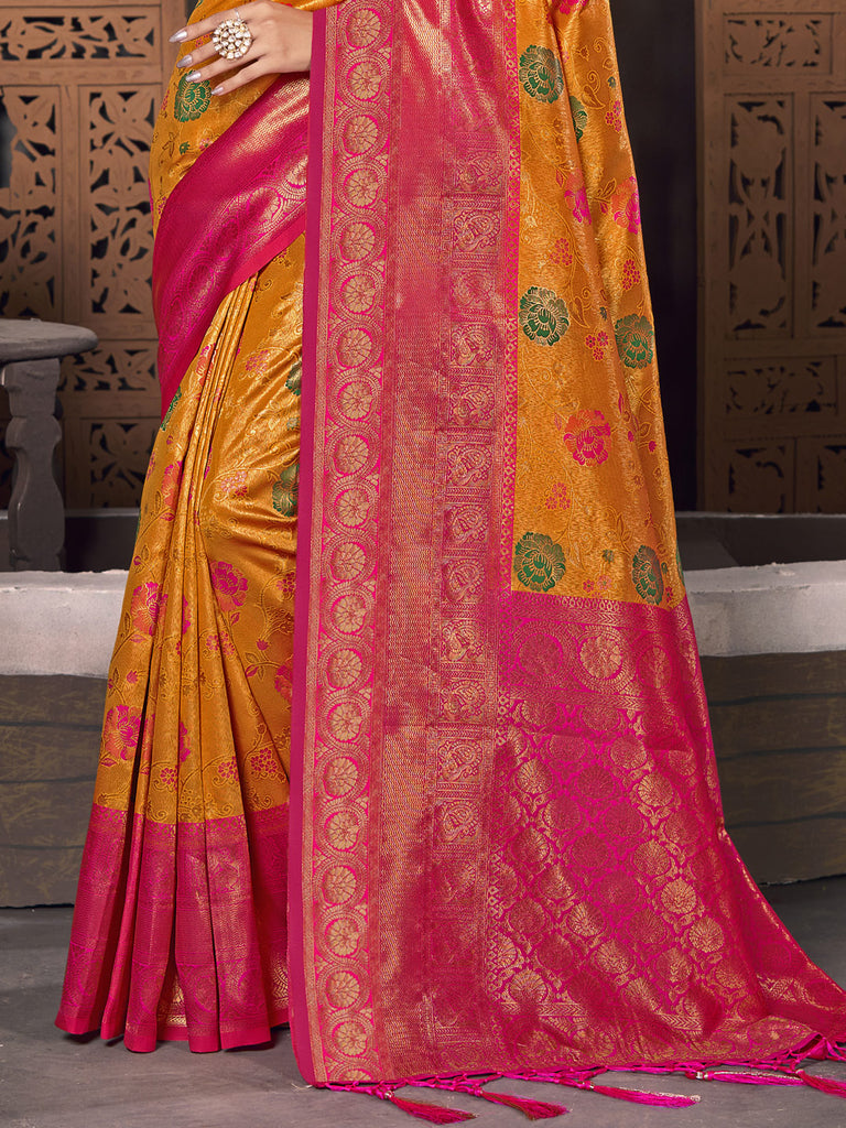 Women's Yellow KanJivaram Silk Woven Work Traditional Tassle Saree