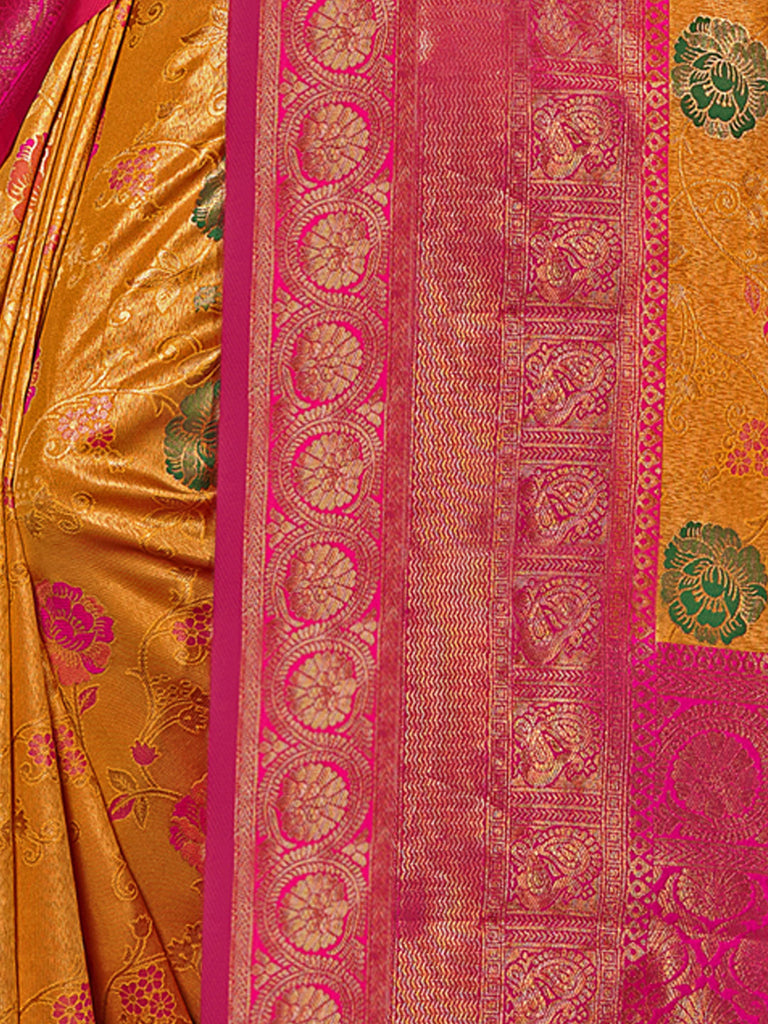 Women's Yellow KanJivaram Silk Woven Work Traditional Tassle Saree