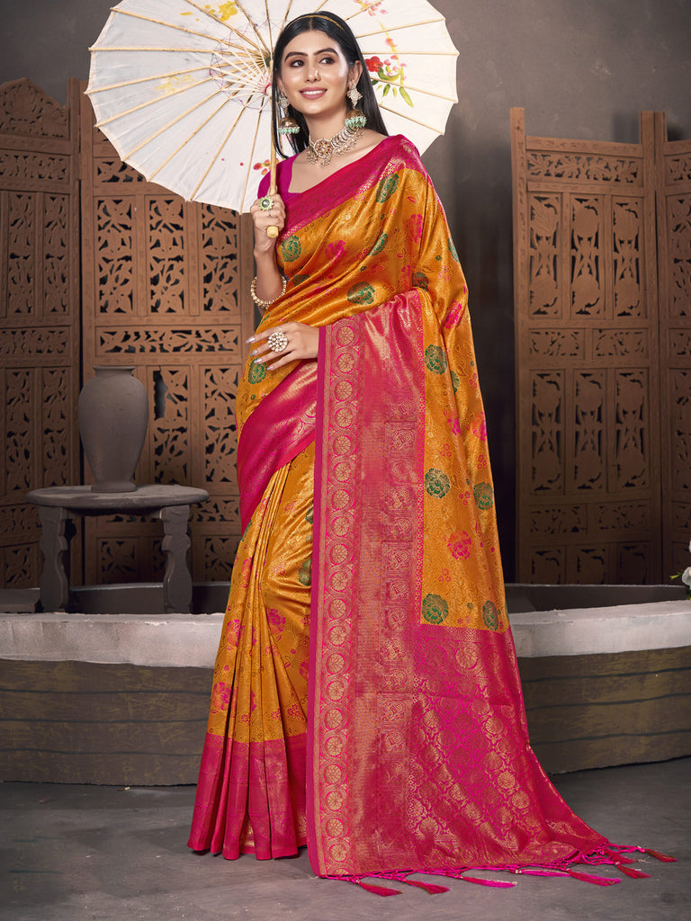 Women's Yellow KanJivaram Silk Woven Work Traditional Tassle Saree
