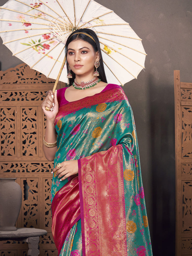 Women's Sea Green KanJivaram Silk Woven Work Traditional Tassle Saree