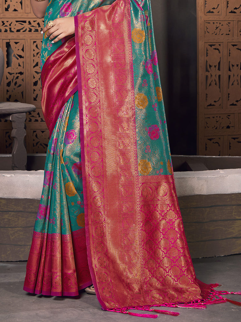 Women's Sea Green KanJivaram Silk Woven Work Traditional Tassle Saree