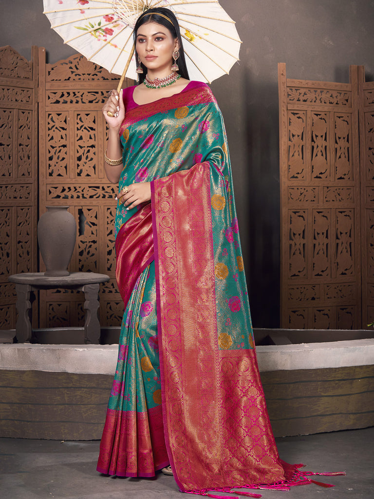 Women's Sea Green KanJivaram Silk Woven Work Traditional Tassle Saree