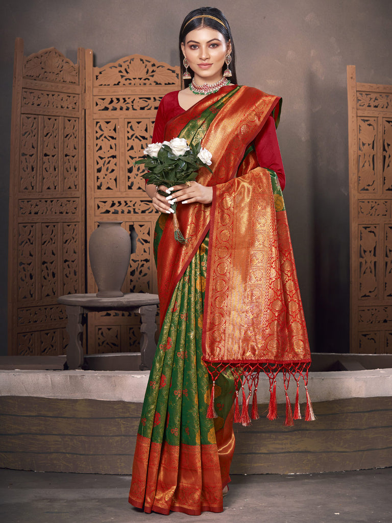 Women's Green KanJivaram Silk Woven Work Traditional Tassle Saree