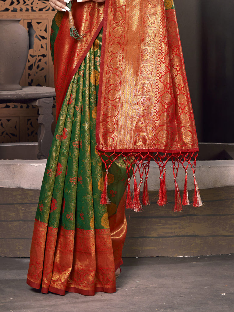 Women's Green KanJivaram Silk Woven Work Traditional Tassle Saree