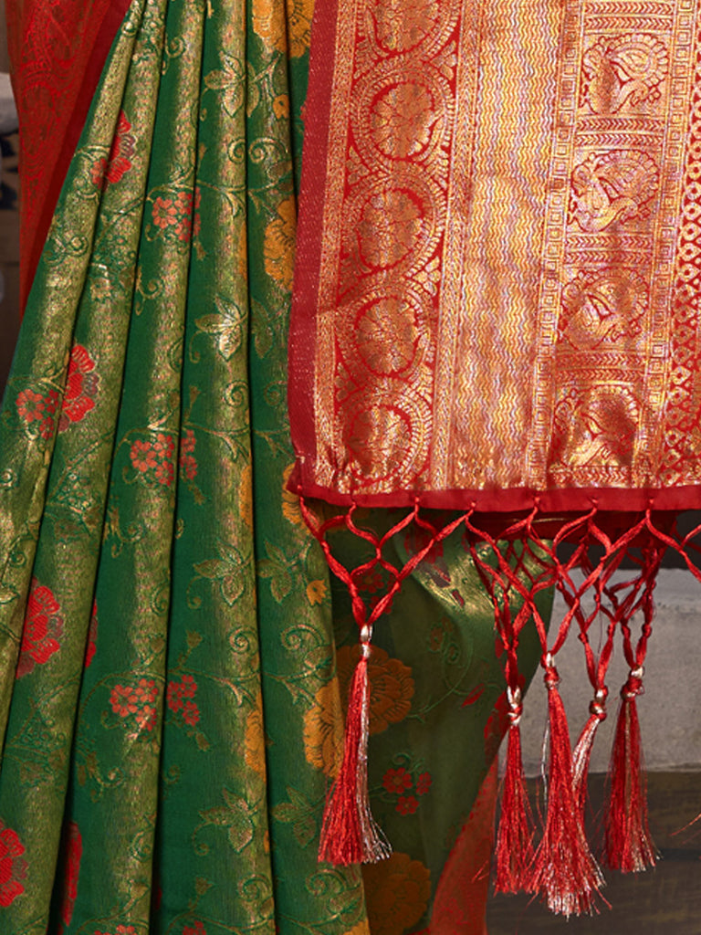 Women's Green KanJivaram Silk Woven Work Traditional Tassle Saree