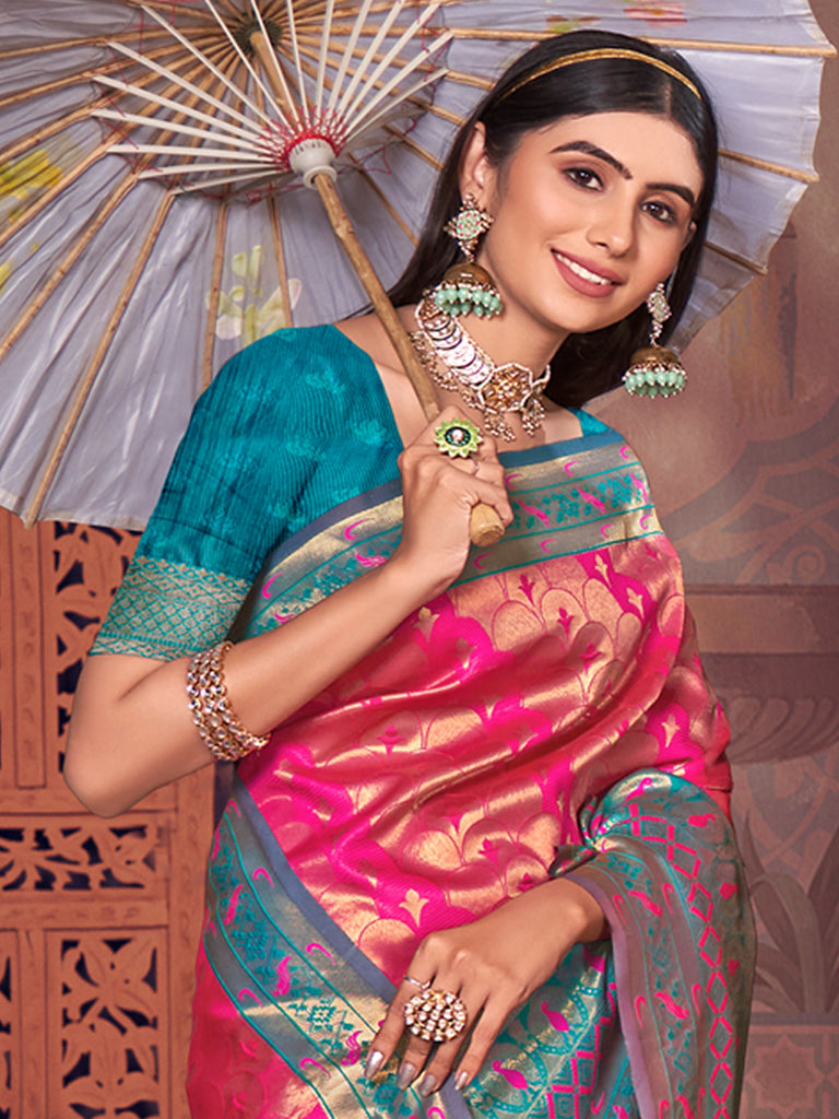 Women's Pink KanJivaram Silk Woven Work Traditional Tassle Saree