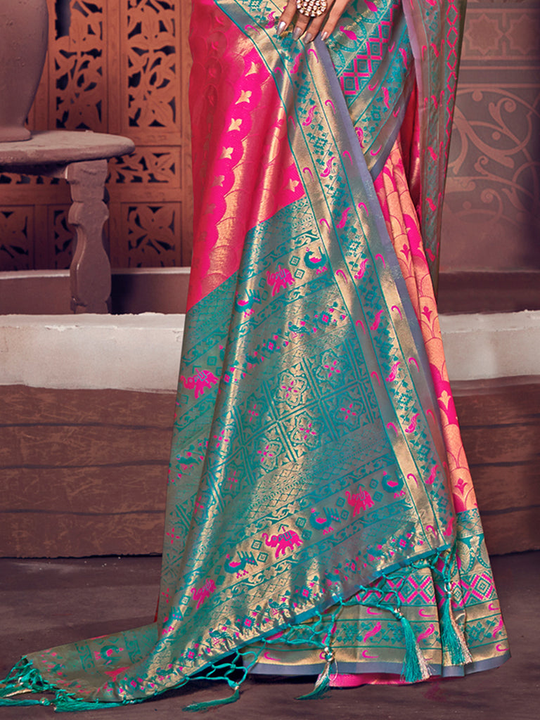 Women's Pink KanJivaram Silk Woven Work Traditional Tassle Saree