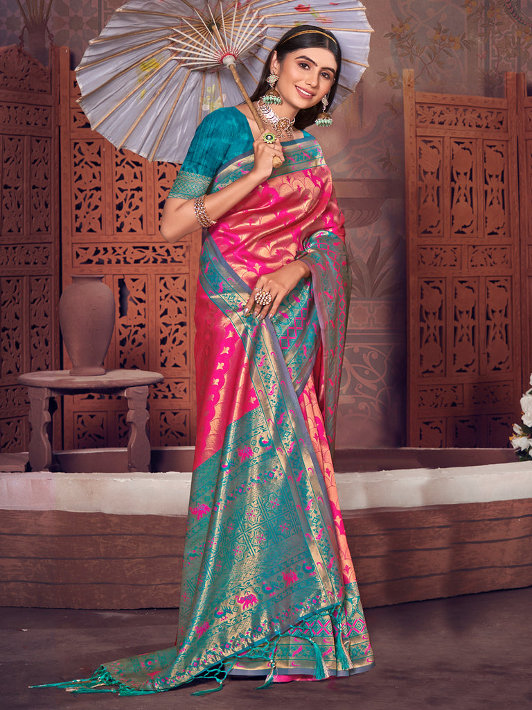 Women's Pink KanJivaram Silk Woven Work Traditional Tassle Saree