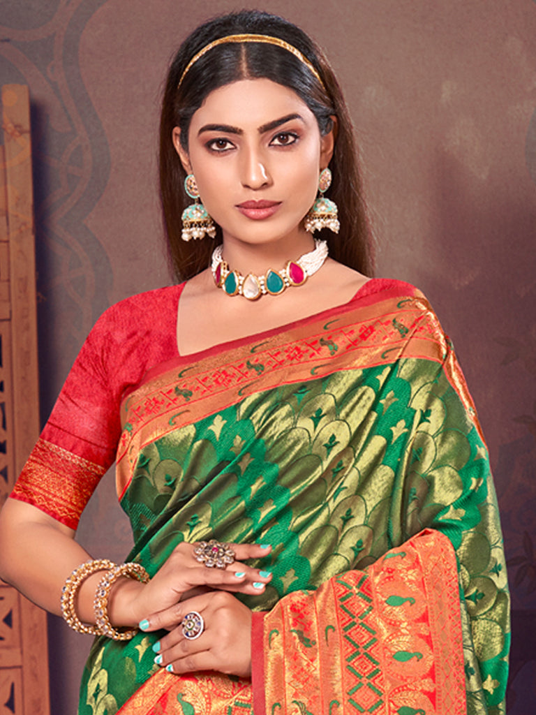 Women's Green KanJivaram Silk Woven Work Traditional Tassle Saree