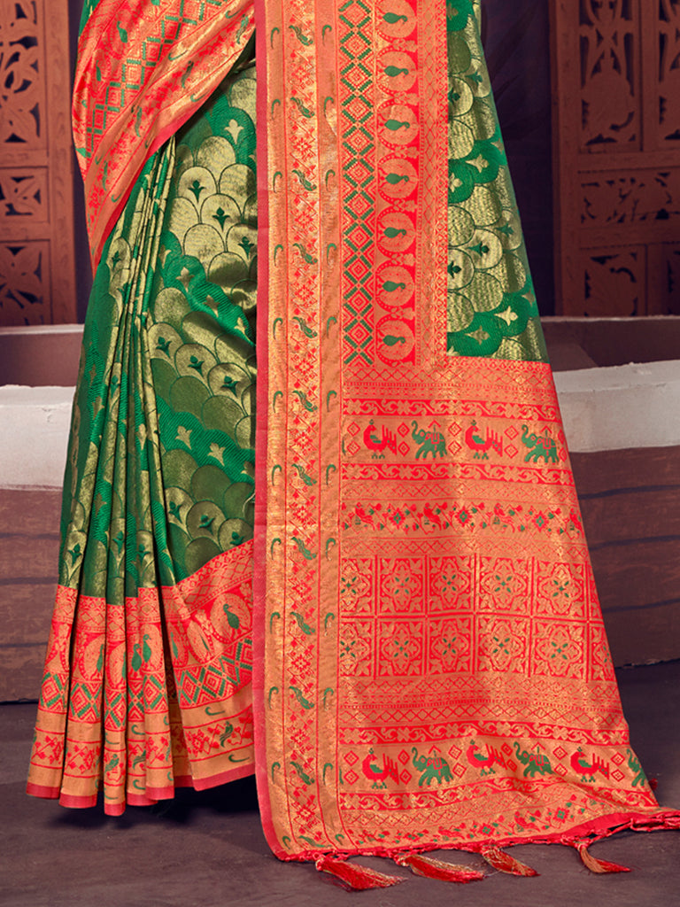 Women's Green KanJivaram Silk Woven Work Traditional Tassle Saree