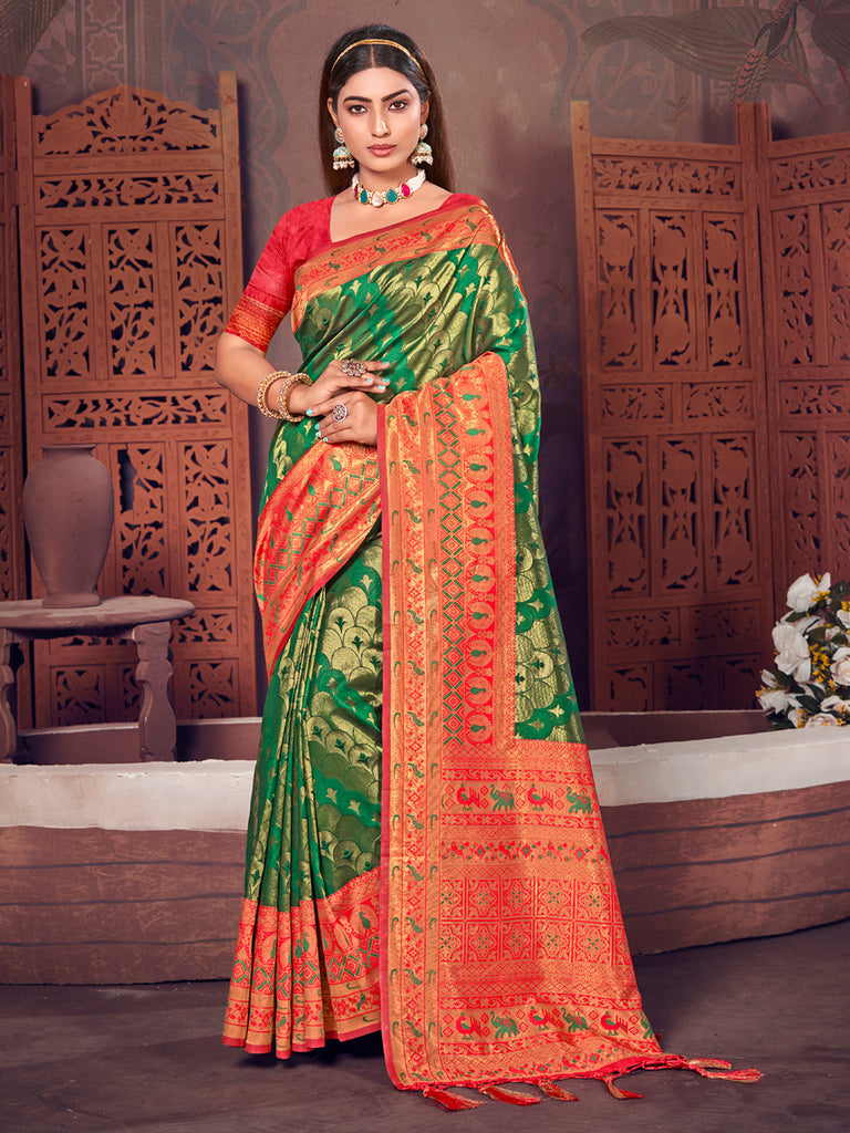 Women's Green KanJivaram Silk Woven Work Traditional Tassle Saree