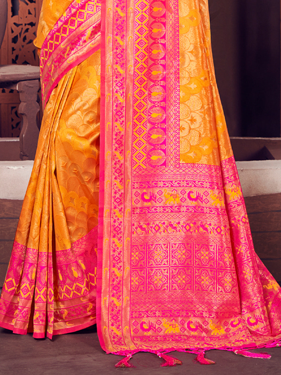 Women's Mustard KanJivaram Silk Woven Work Traditional Tassle Saree - Sangam Prints