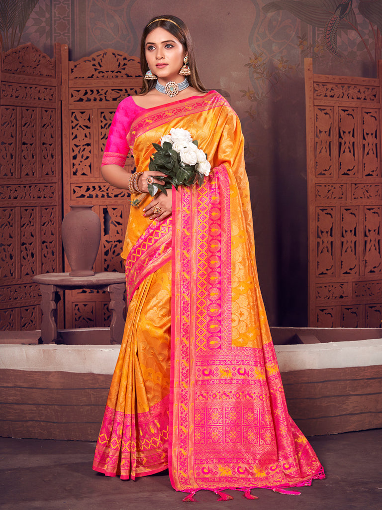 Women's Mustard KanJivaram Silk Woven Work Traditional Tassle Saree