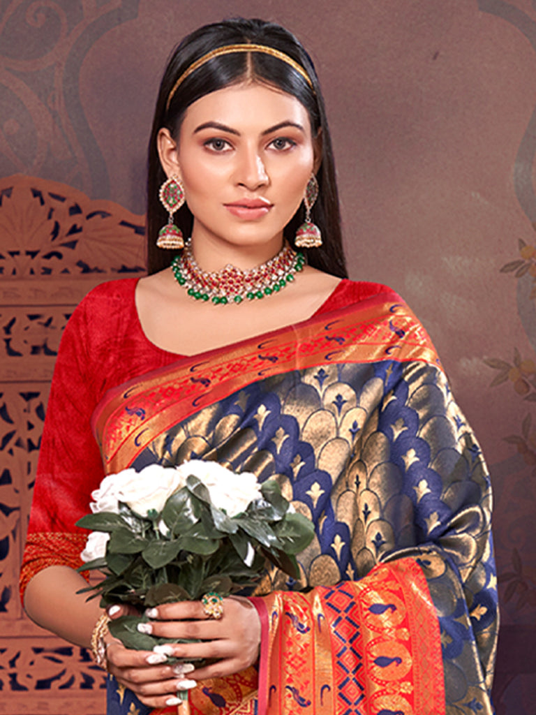 Women's Navy Blue KanJivaram Silk Woven Work Traditional Tassle Saree