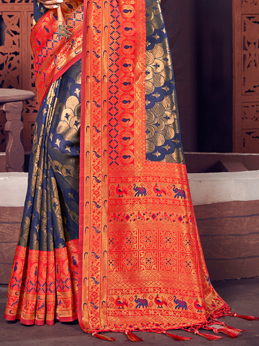 Women's Navy Blue KanJivaram Silk Woven Work Traditional Tassle Saree - Sangam Prints
