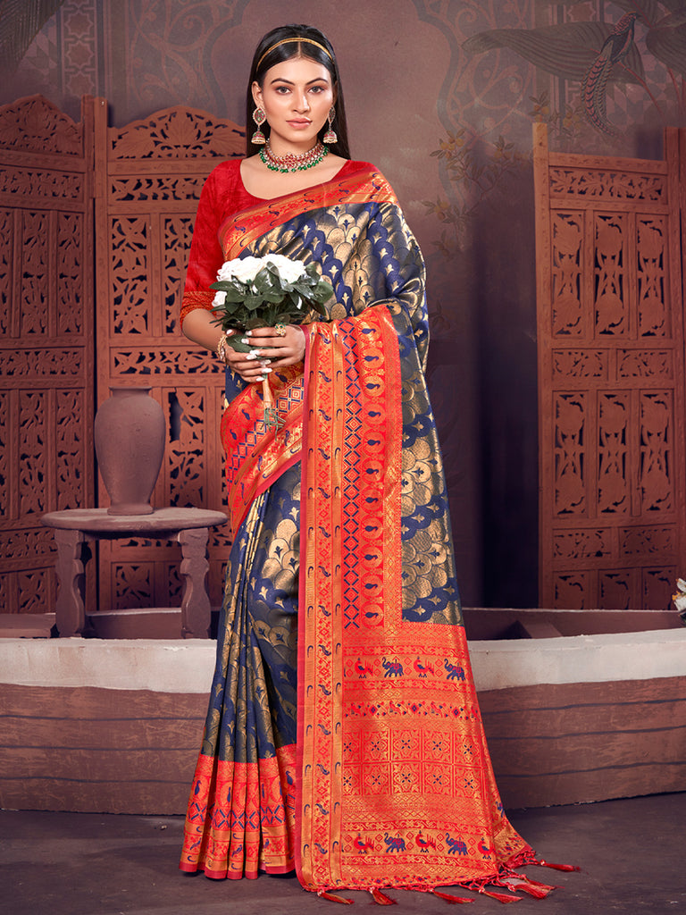 Women's Navy Blue KanJivaram Silk Woven Work Traditional Tassle Saree
