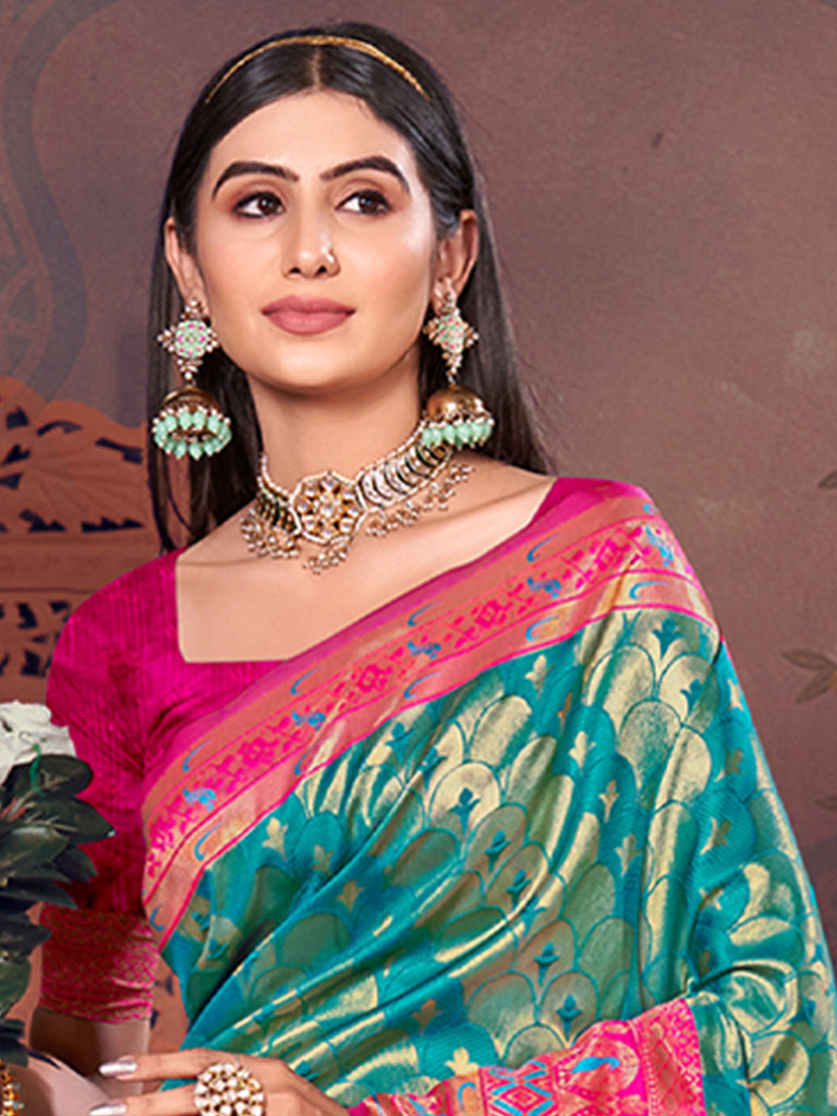 Women's Sea Green KanJivaram Silk Woven Work Traditional Tassle Saree