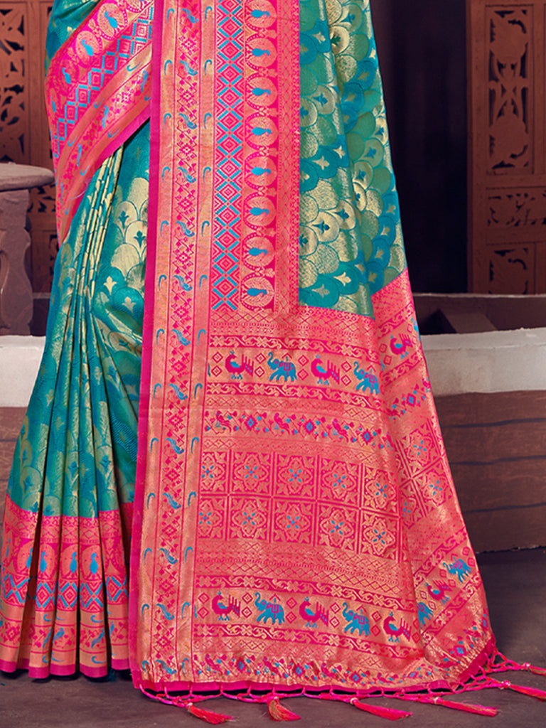 Women's Sea Green KanJivaram Silk Woven Work Traditional Tassle Saree
