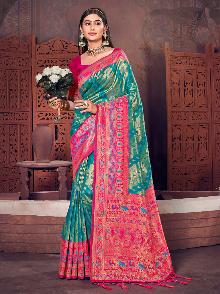 Women's Sea Green KanJivaram Silk Woven Work Traditional Tassle Saree
