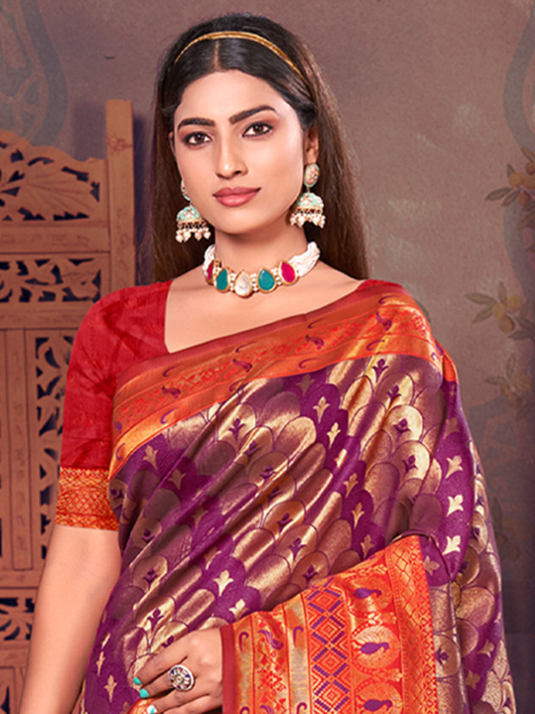 Women's Purple KanJivaram Silk Woven Work Traditional Tassle Saree
