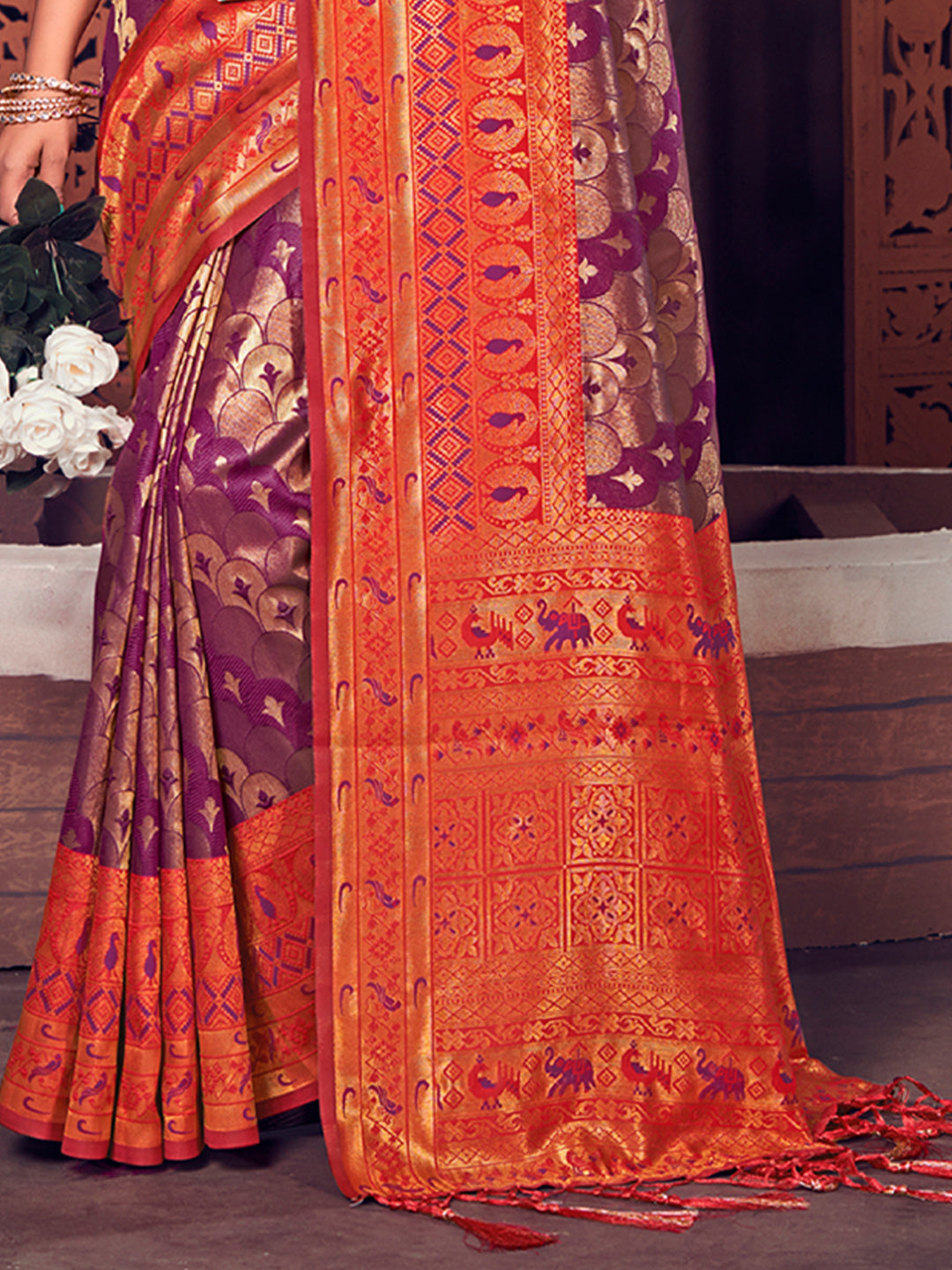 Women's Purple KanJivaram Silk Woven Work Traditional Tassle Saree - Sangam Prints