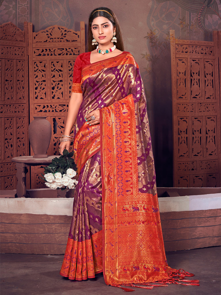 Women's Purple KanJivaram Silk Woven Work Traditional Tassle Saree