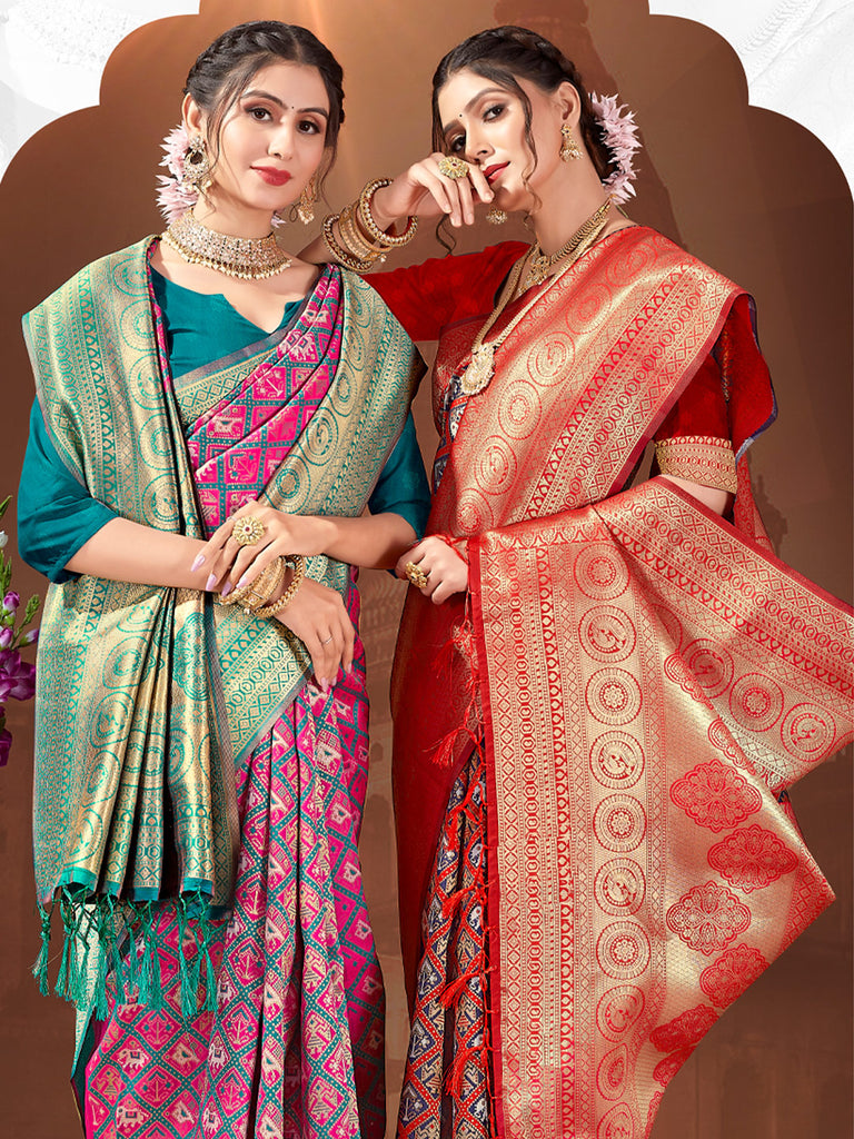 Women's Sea Green Patola Silk Woven Work Traditional Tassle Saree
