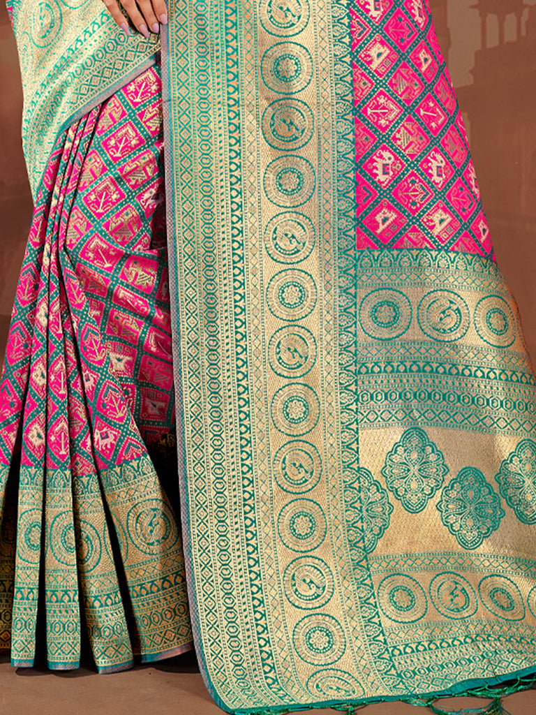 Women's Sea Green Patola Silk Woven Work Traditional Tassle Saree