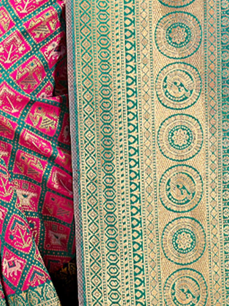 Women's Sea Green Patola Silk Woven Work Traditional Tassle Saree