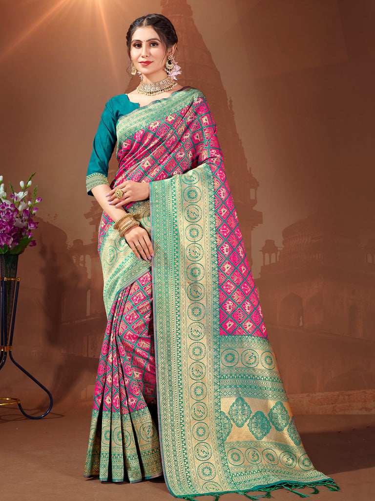 Women's Sea Green Patola Silk Woven Work Traditional Tassle Saree