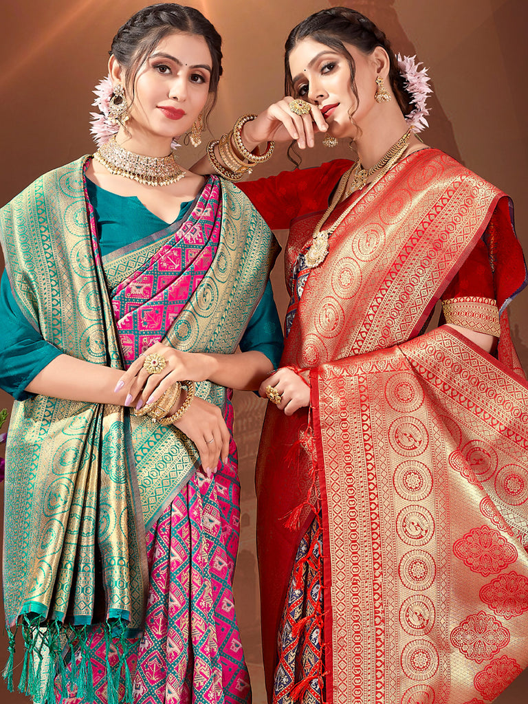 Women's Red Patola Silk Woven Work Traditional Tassle Saree