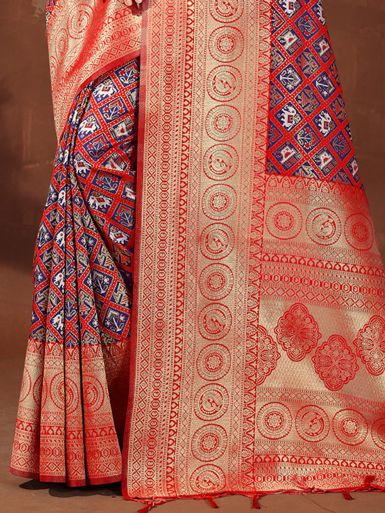 Women's Red Patola Silk Woven Work Traditional Tassle Saree
