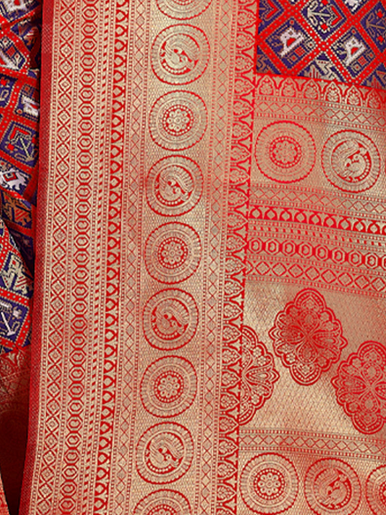 Women's Red Patola Silk Woven Work Traditional Tassle Saree