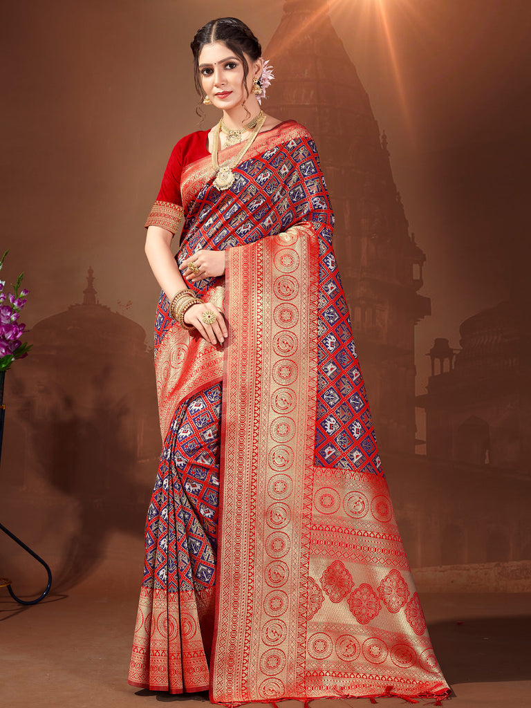 Women's Red Patola Silk Woven Work Traditional Tassle Saree