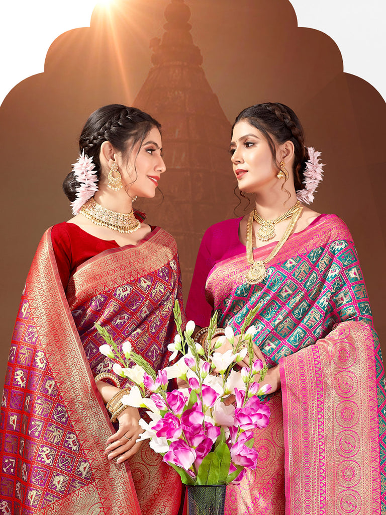 Women's Red Patola Silk Woven Work Traditional Tassle Saree