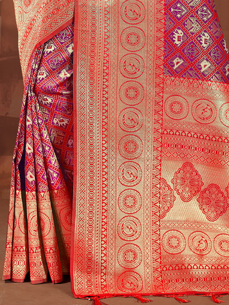 Women's Red Patola Silk Woven Work Traditional Tassle Saree