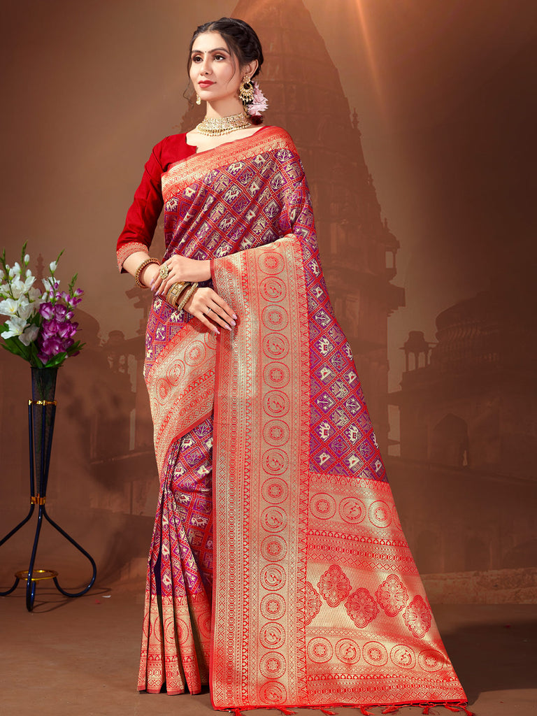 Women's Red Patola Silk Woven Work Traditional Tassle Saree