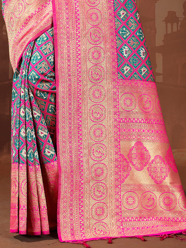 Women's Pink Patola Silk Woven Work Traditional Tassle Saree