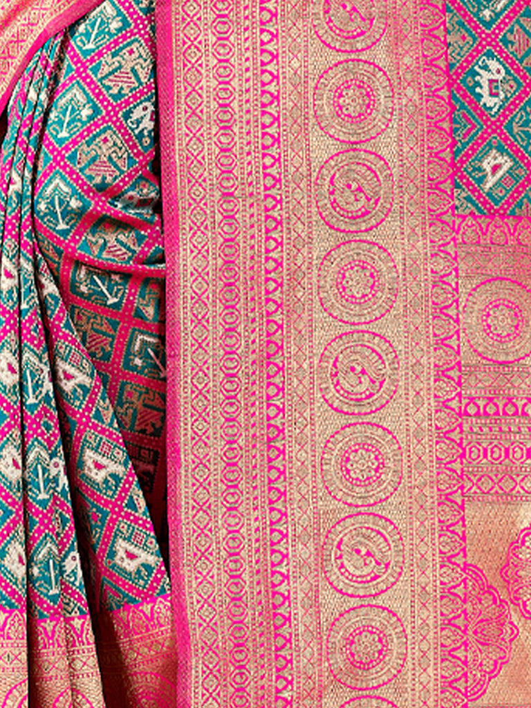 Women's Pink Patola Silk Woven Work Traditional Tassle Saree