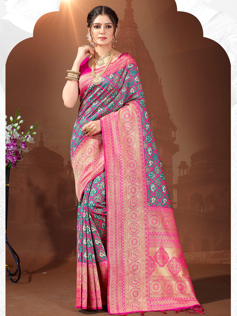 Women's Pink Patola Silk Woven Work Traditional Tassle Saree