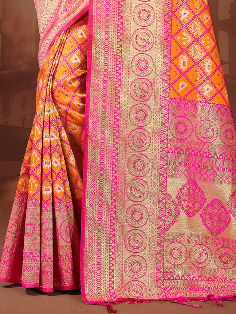 Women's Pink Patola Silk Woven Work Traditional Tassle Saree