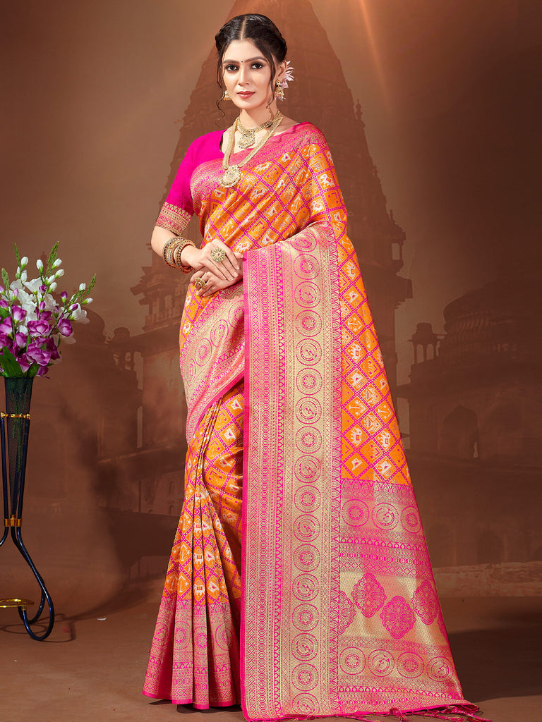Women's Pink Patola Silk Woven Work Traditional Tassle Saree