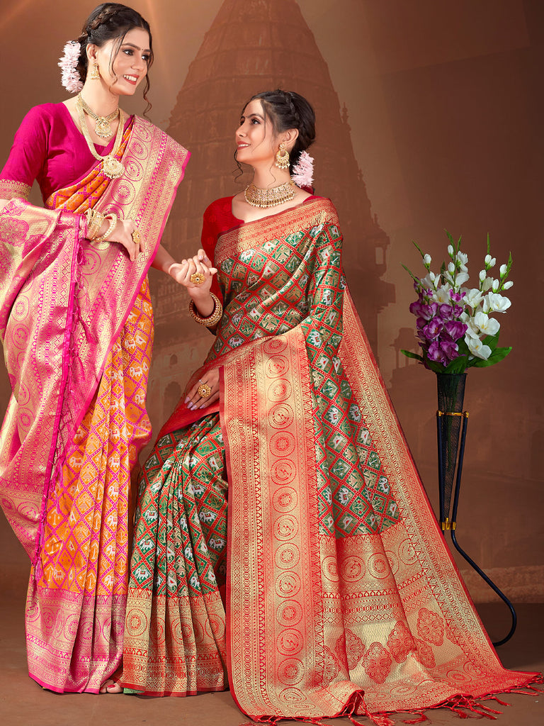 Women's Red Patola Silk Woven Work Traditional Tassle Saree
